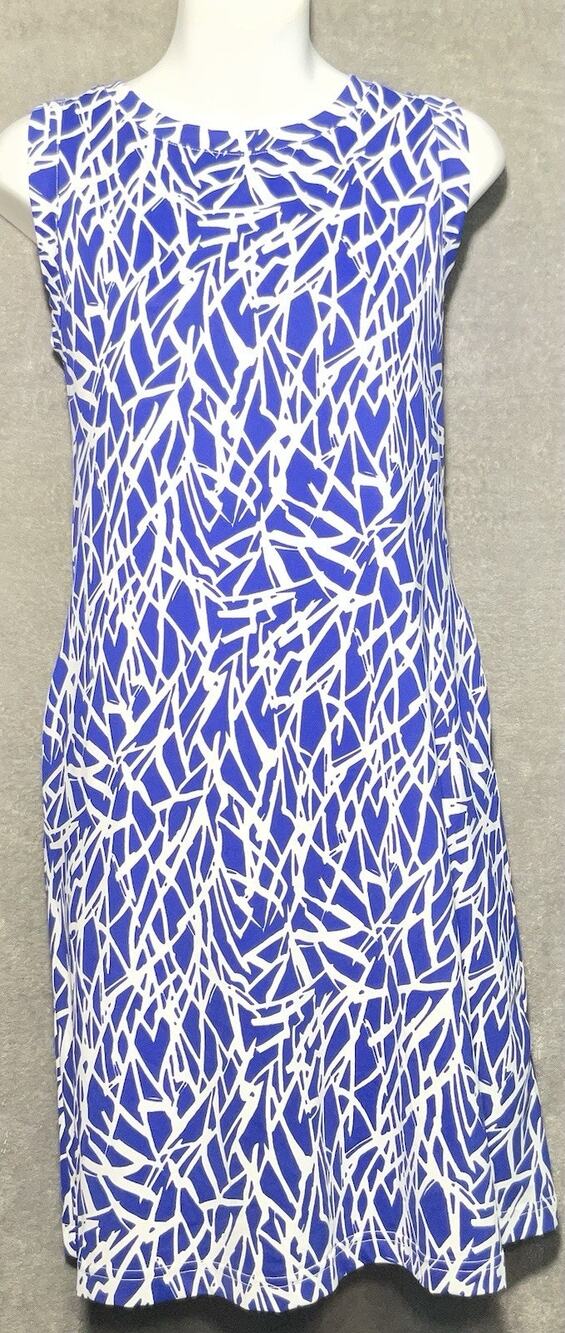 Barbara Gerwit Medium Blue White Dress Abstract Shift Sleeveless Stretch Pockets